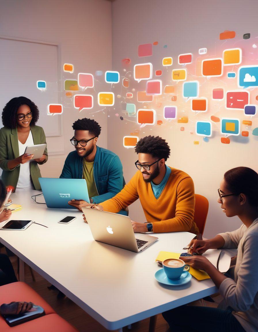 A cozy digital workspace depicting a diverse group of people sharing stories through various digital devices like laptops and tablets. Vivid storytelling elements floating around, such as speech bubbles and colorful icons representing community engagement and creativity. Show an inviting atmosphere filled with warm colors and soft lighting to evoke connection and collaboration. super-realistic. vibrant colors. white background.