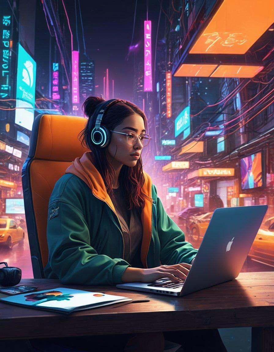 A dynamic digital collage showcasing a writer at their laptop, surrounded by floating social media icons, story snippets, and vibrant waves of engagement metrics. On one side, a calm personal blog setting with cozy elements, and on the other, a bustling viral scene with diverse audiences sharing content. Emphasize storytelling as a bridge between the two worlds. cyberpunk. vibrant colors. 3D.